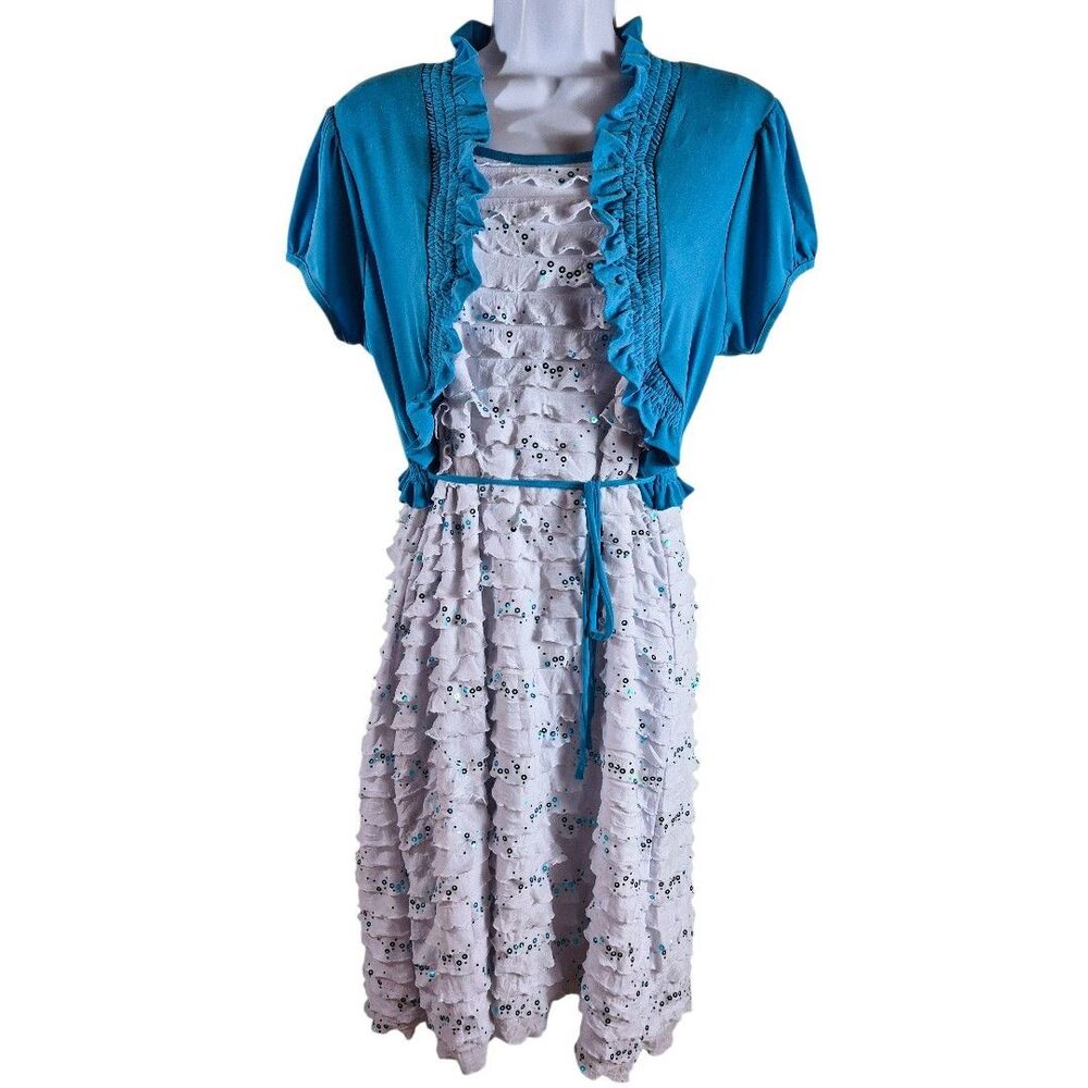 Y2K Speechless L Coastal Blue White Sequin Ruffle Dress Shrug Midi Party Dress - Picture 2 of 9